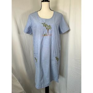 Vintage Embroidered Tropical Palm Short Sleeve Denim Blue J. Shift Dress Size M